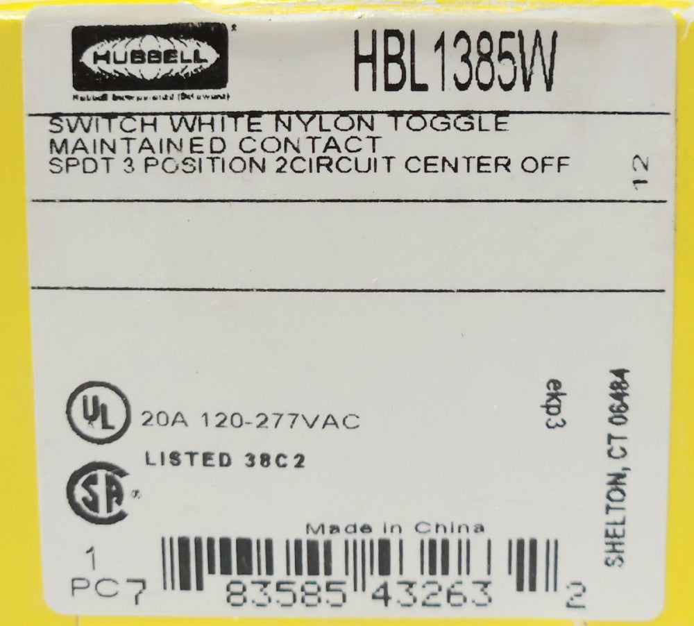 HUBBELL HBL1385W 20 AMP SPDT 120 277 VAC 3 Position 2 Circuit Double Throw Switc