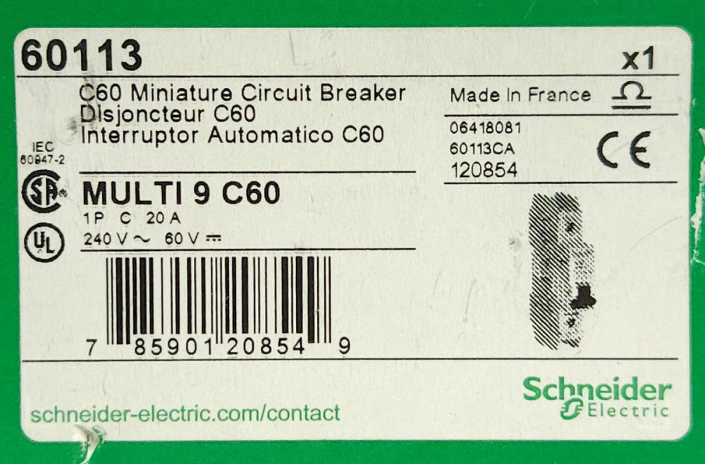 SCHNEIDER ELECTRIC 60113 Multi 9 C60 Single Pole 20AMP Miniature Circuit Breaker