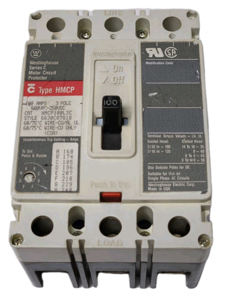 WESTINGHOUSE CUTLER HAMME HMCP100L3C 100 AMP Type HMCP Motor Circuit Protector