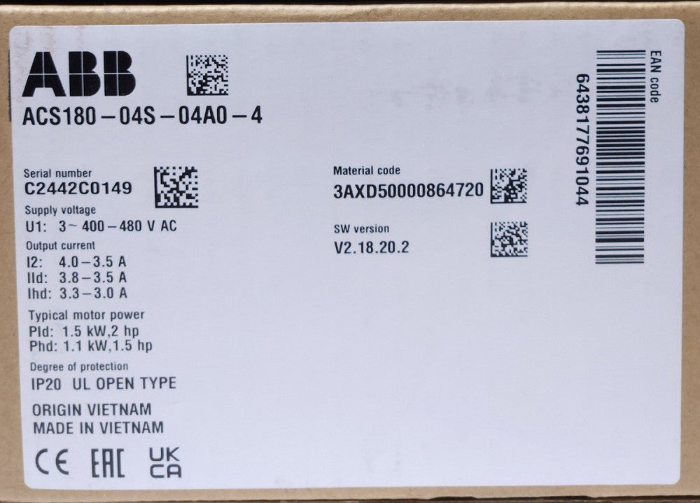ABB ACS180 04S 04A0 4 Motor Drive Inverter 400-480 VAC 1.5-2 HP 1.1-1.5 KW 4 AMP