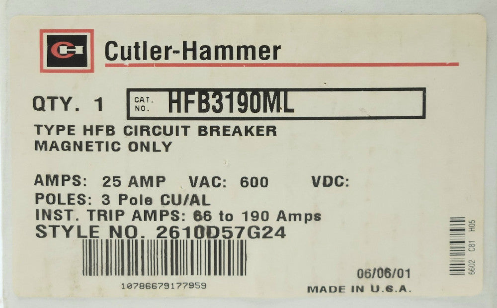 EATON CUTLER HAMMER HFB3190ML 3 Pole 25 AMP Type HFB Magnetic Adjustable Circuit