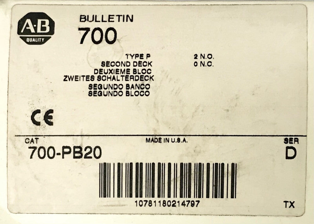 ALLEN BRADLEY 700 PB20 Type P Relay Second Deck 2 NO