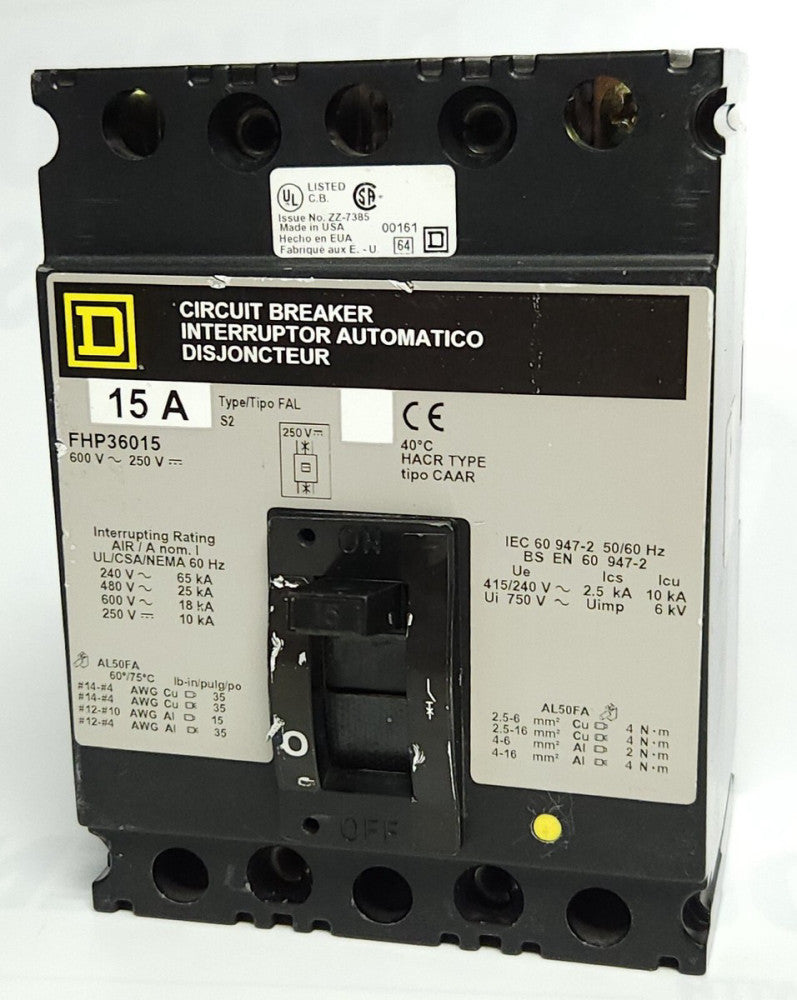 SQUARE D FHP36015 3 Pole 15 AMP Type FAL FHP Circuit Breaker