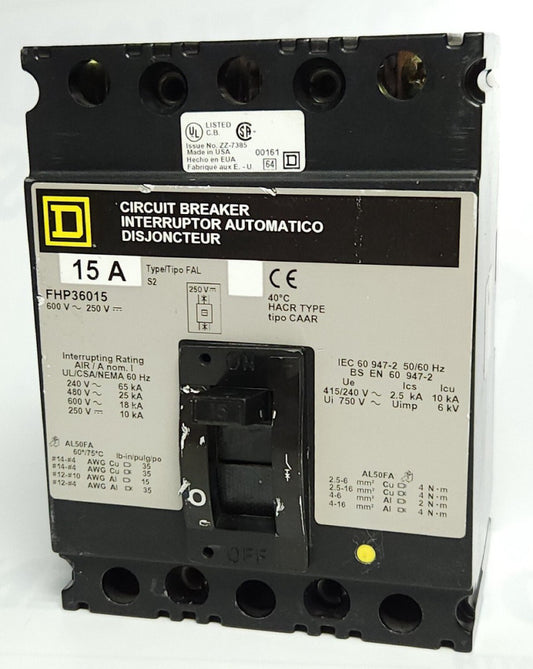 SQUARE D FHP36015 3 Pole 15 AMP Type FAL FHP Circuit Breaker