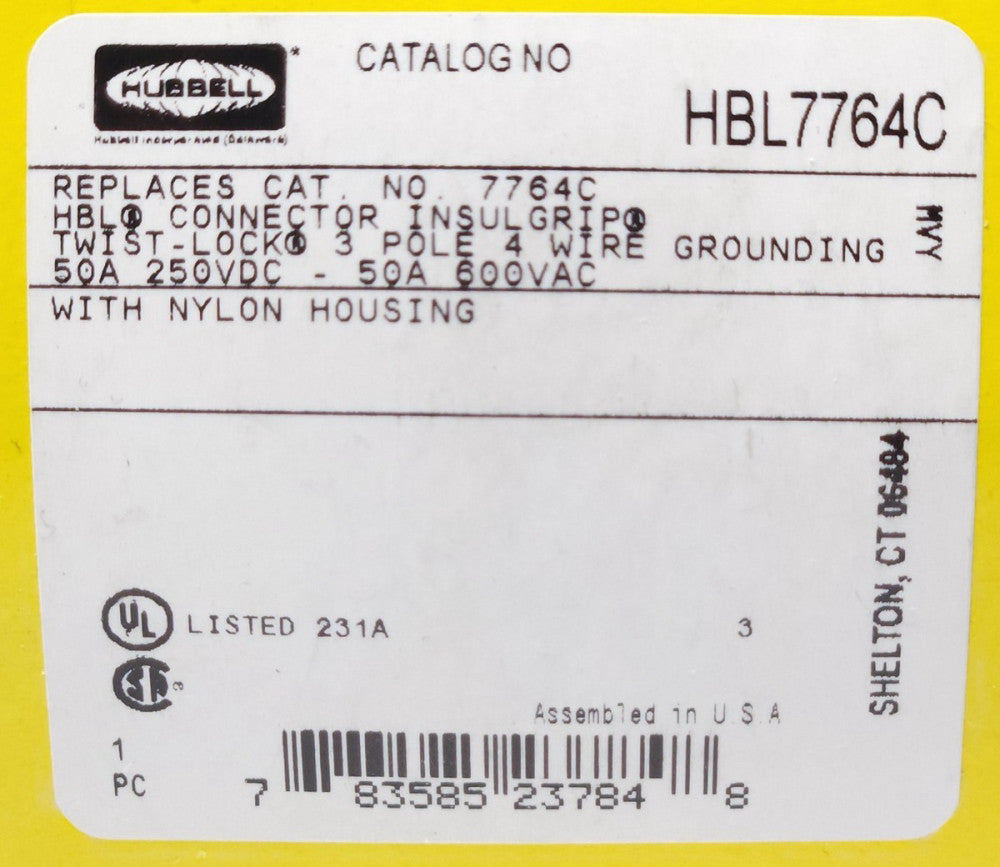 HUBBELL HBL7764C Type HBL 7764C Twist Lock Connector Receptacle 3 Pole 50 AMP 60