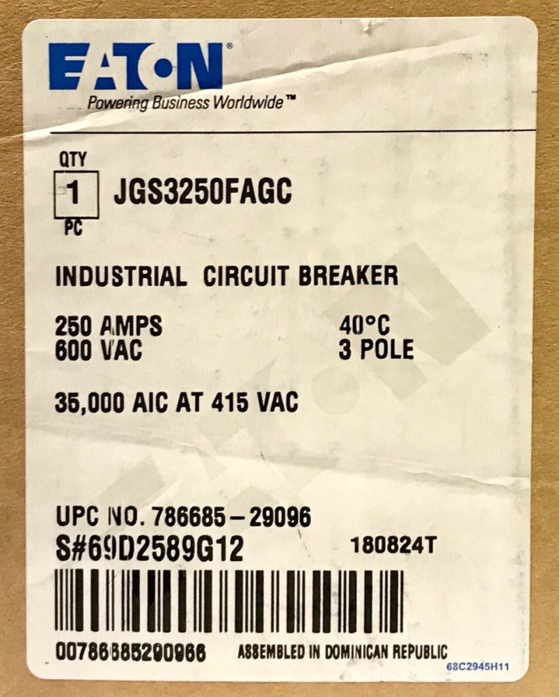 EATON JGS3250FAGC 3 Pole 250 AMP J250S-C Circuit Breaker 35000 AIC
