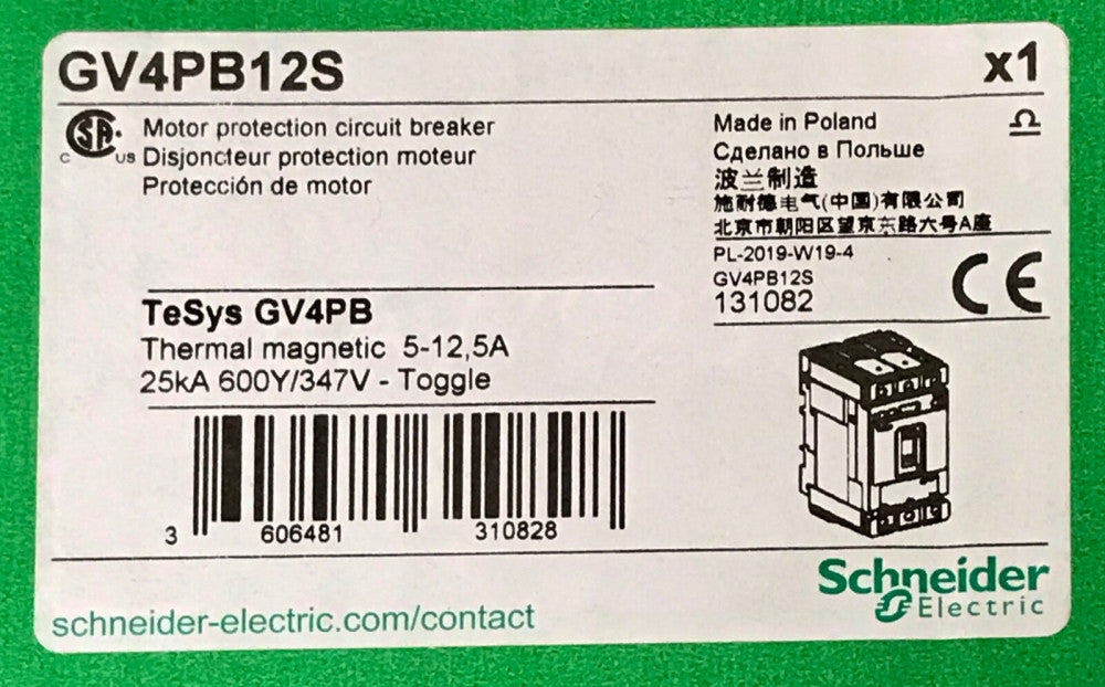 SCHNEIDER ELECTRIC GV1PB12S TESYS GV4PB 5-12 AMP Motor Protective 25KA 600Y 347V