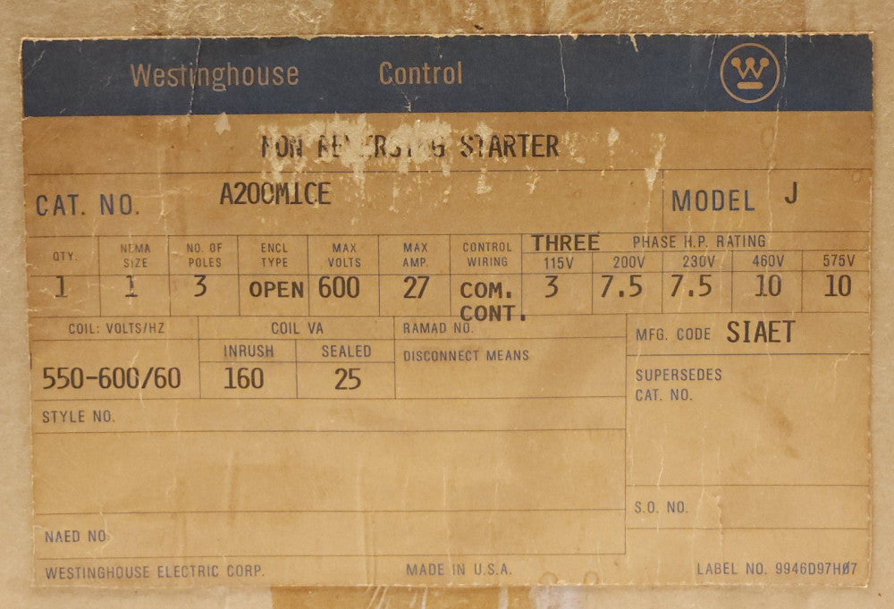 WESTINGHOUSE CUTLER HAMMER A200M1CE 550 600 VAC Size 1 A200 Starter