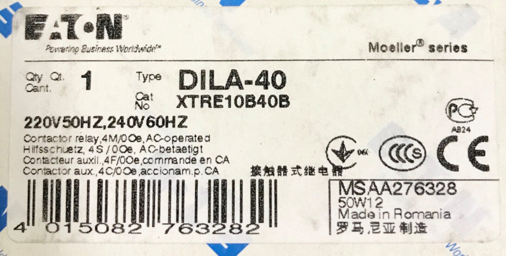 EATON MOELLER DILA-40 220 240 VAC Relay Contactor XTRE10B40B DILA 40