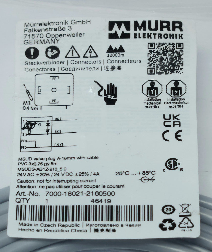 MURR ELEKTRONIK MSUDS AB1Z 216 5.0 24 VAC DC MSUD Valve Plug 18mm Cable 7000