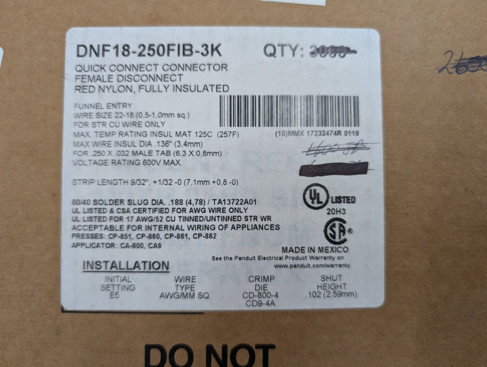 New, Panduit, DNF18-250FIB-3K, CONN QC RCPT 18-22AWG 0.250, Lot of 100