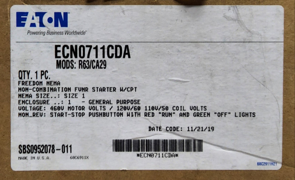 EATON ECN0711CDA 120 VAC AN19DN0 Starter Nema 1 Enclosure Red Run GREEN OFF