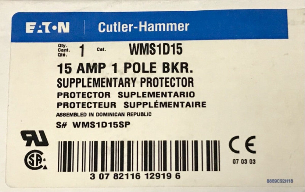 EATON CUTLER HAMMER WMS1D15 15AMP 1 Pole Circuit Breaker Supplementary Protector