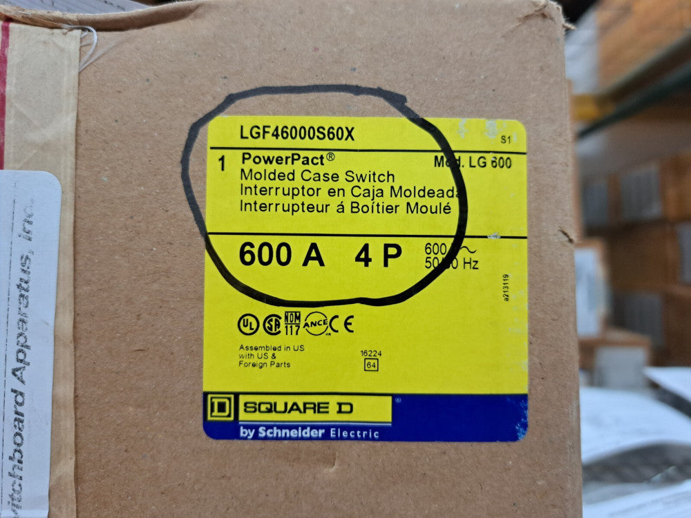 New, Square D, LGF46000S60X, MOLDED CASE CIRCUIT BREAKER 600V 600A 3 POLE
