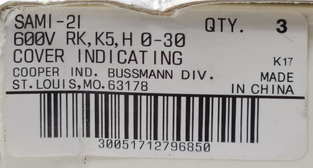 COOPER BUSSMANN SAMI-2I SAMI Fuse Cover Box of 3 600 VAC RK K5 H 0-30 COVER Indi