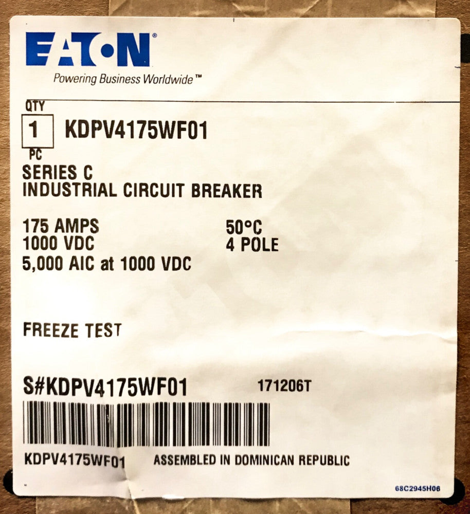 EATON KDPV4175WF01 4Pole 175AMP KD-PV PV Guard Solar PV Circuit Breaker KDPV4175