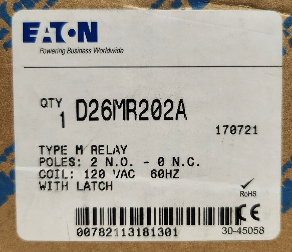 EATON CUTLER HAMMER D26MR202A 120 VAC Type M Relay 2 NO Poles with  Latch