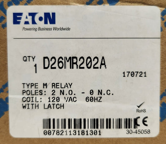 EATON CUTLER HAMMER D26MR202A 120 VAC Type M Relay 2 NO Poles with  Latch