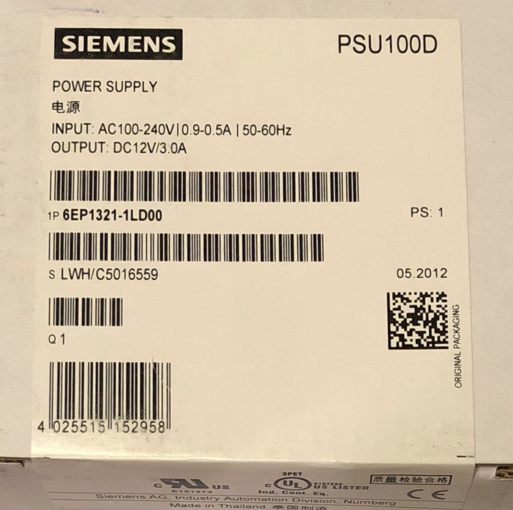 SIEMENS PSU100D Power Supply 6EP1321 1LD00 Input 100-240VAC Output 12 VDC 3 Amp