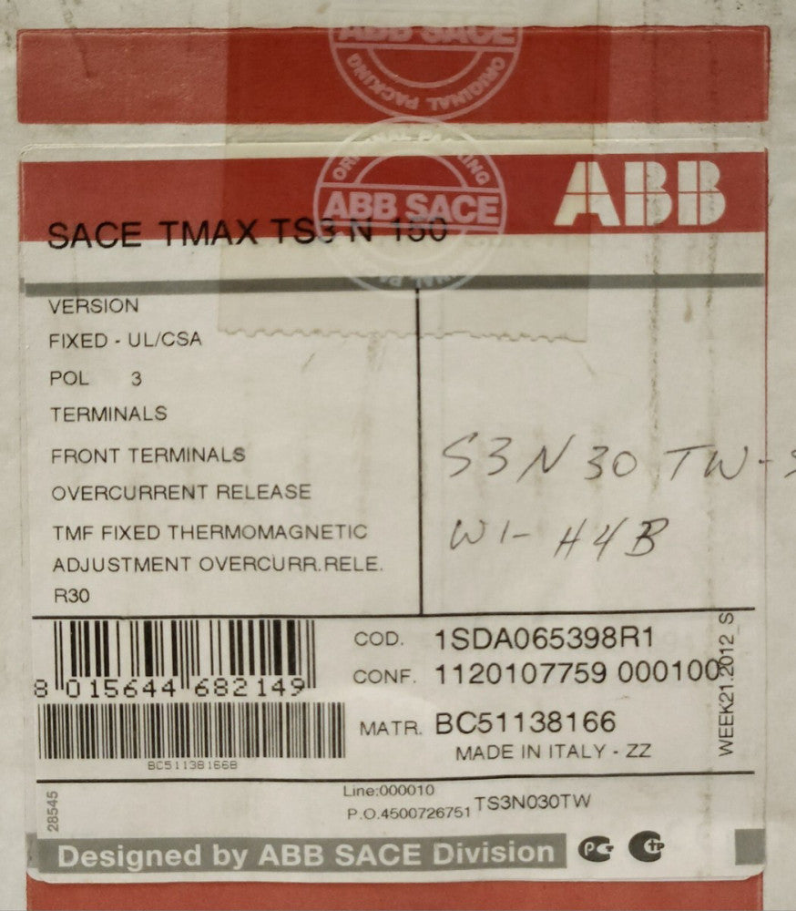 ABB TS3N030TW SACE TMAX TS3 N 100 3 Pole 30 AMP Circuit Breaker 1SDA065398R1