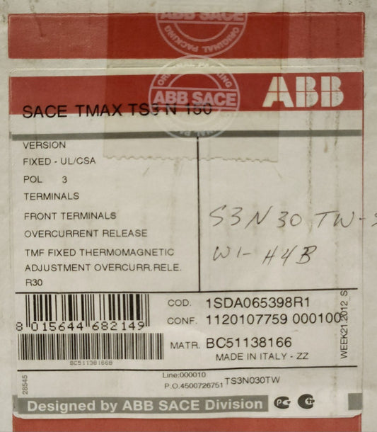 ABB TS3N030TW SACE TMAX TS3 N 100 3 Pole 30 AMP Circuit Breaker 1SDA065398R1