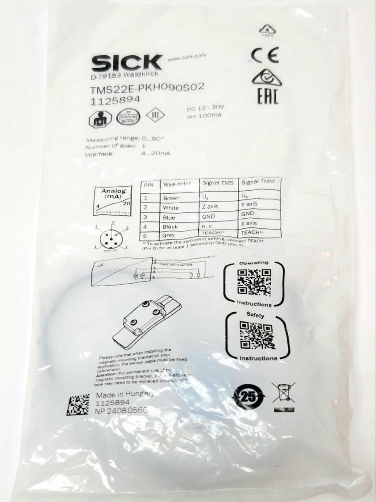 SICK TMS22E PKH090S02 Inclination Angle TILT Sensor 1125894 12-30VDC 100mA 0-90°