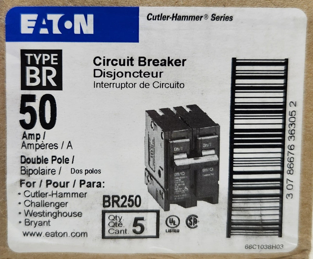 EATON CUTLER HAMMER BR250 2 Pole 50 AMP Type BR Circuit Breaker