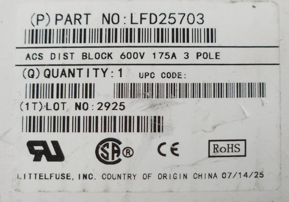LITTELFUSE LFD25703 ACS Power Distribution Block 600 VAC 175 AMP 3 Pole