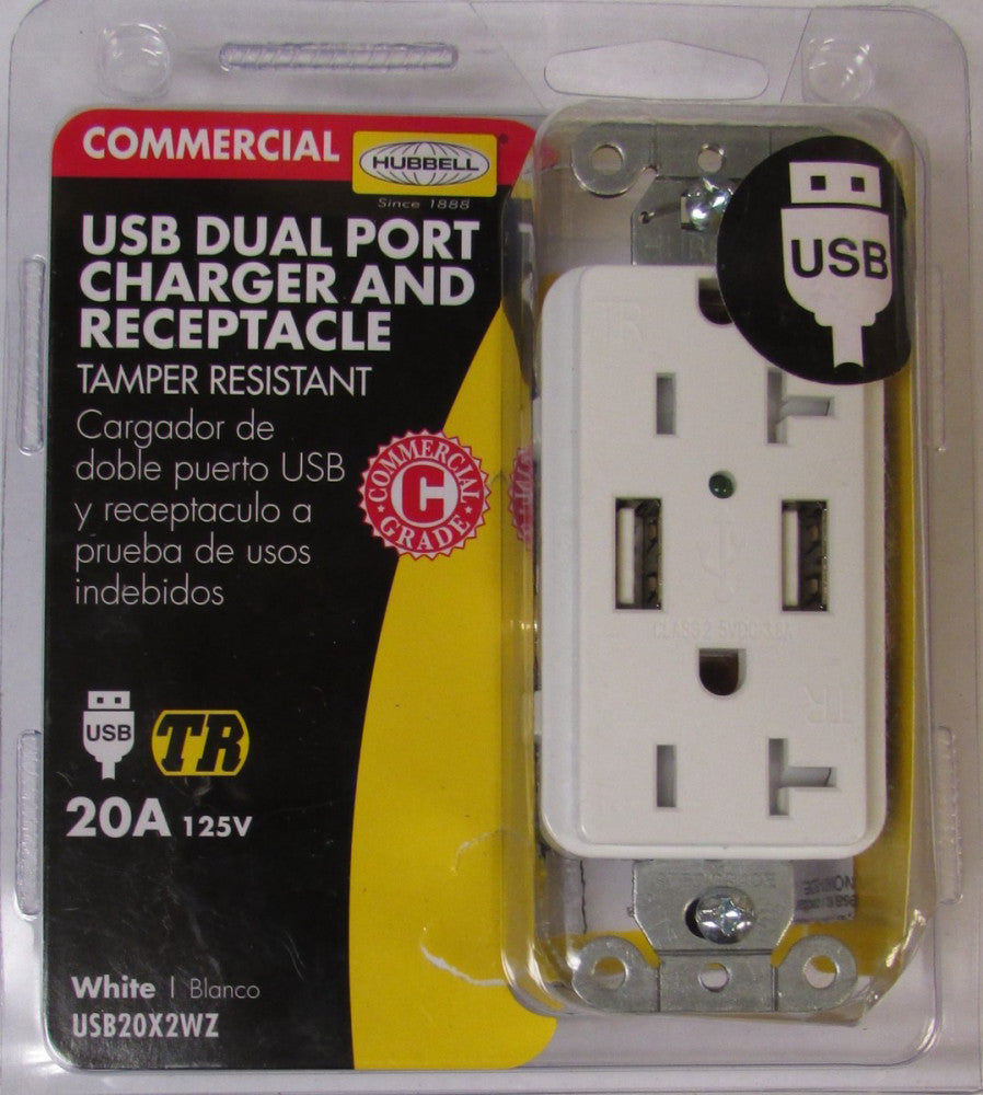 HUBBELL USB20X2WZ 20 Amp 125V USB Dual Port Charger Receptacle WHITE