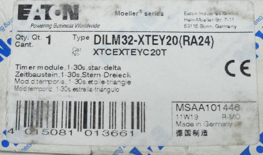EATON MOELLER DILM32 XTEY20 1 RA24 TIMER MODULE 1 to 30 Second XTCEXTED1C11T