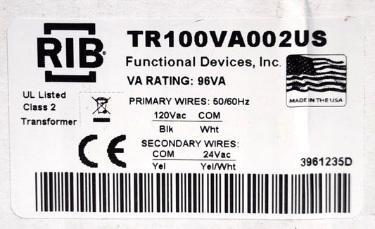 RIB TR100VA002US 96 VA Control Transformer Primary 120 VAC Secondary 24 VAC