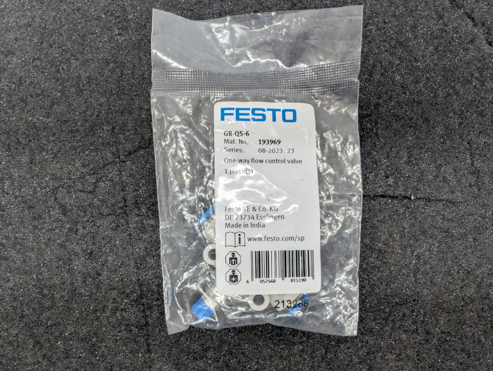 New, Festo, GR-QS-6, ONE-WAY FLOW CONTROL VALVE