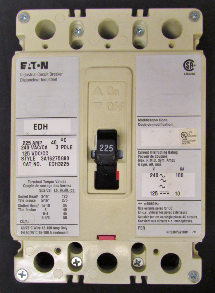 EATON CUTLER HAMMER EDH Breaker 3 Pole 225 Amp French Canadian Label EDH3225