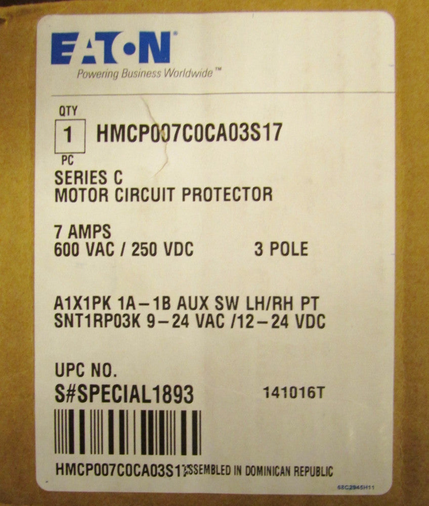 EATON CUTLER HAMMER HMCP007C0CA03S17 Motor Circuit Protector Shunt 1A 1B Aux