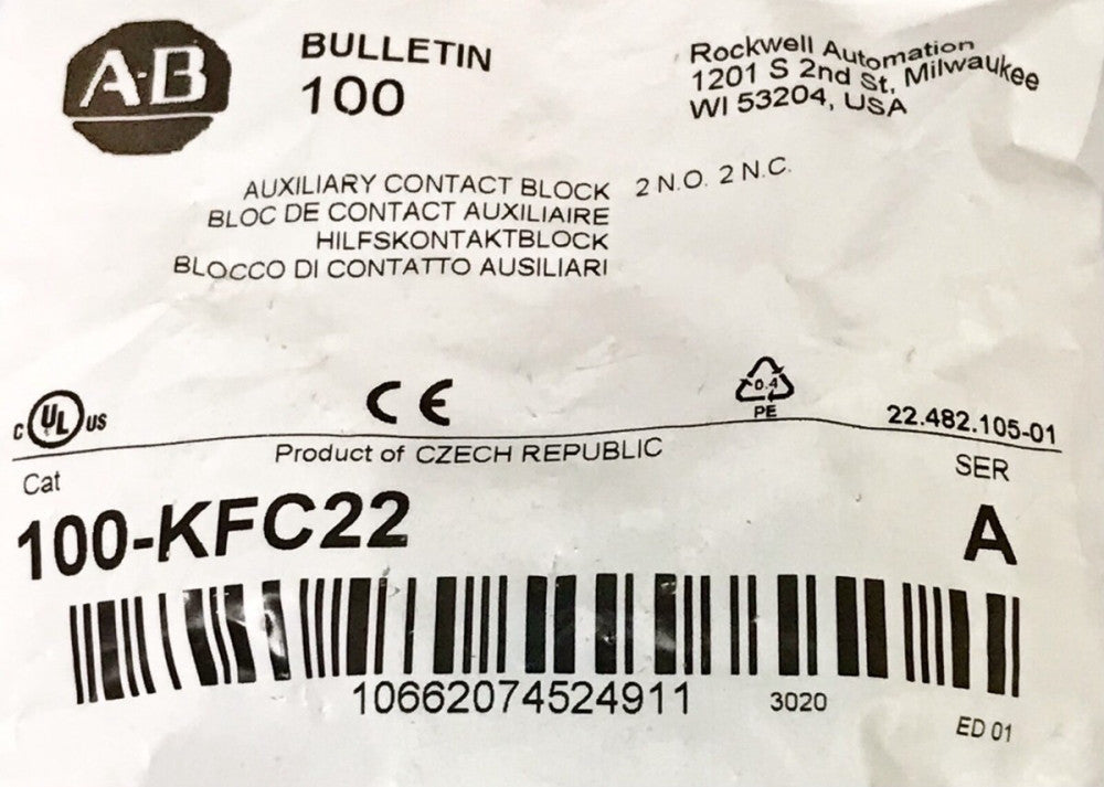 ALLEN BRADLEY 100 KFC22 Top Mount Auxiliary Contact Block 2NO 2NC 110-KFC22