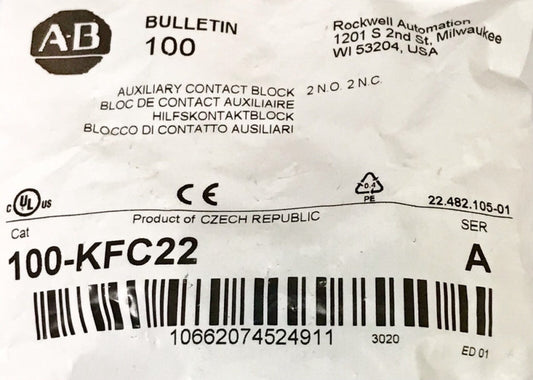 ALLEN BRADLEY 100 KFC22 Top Mount Auxiliary Contact Block 2NO 2NC 110-KFC22