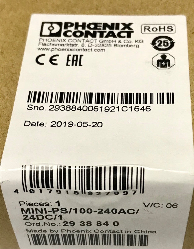 PHOENIX CONTACT MINI PS 100-240 AC 24 DC 1 Power Supply 29 38 84 0 Input 100-240