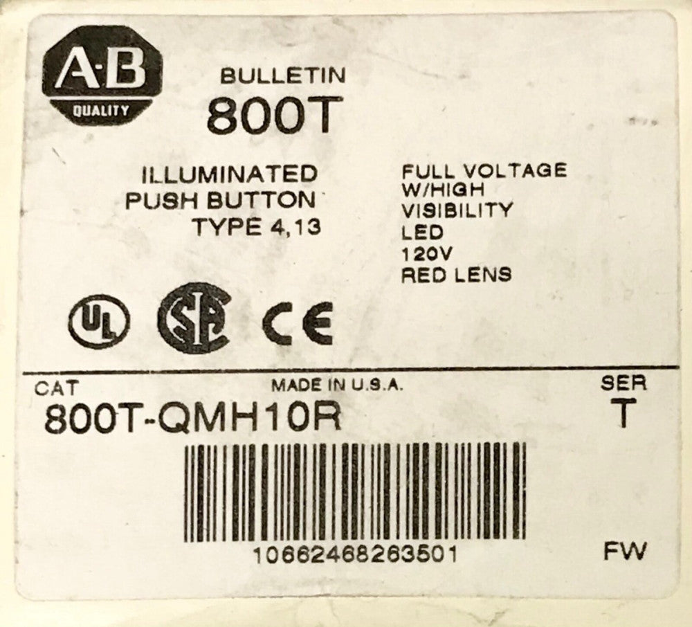 ALLEN BRADLEY 800T OMH10R 120vRed LED Illuminated Push Button Momentary Mushroom