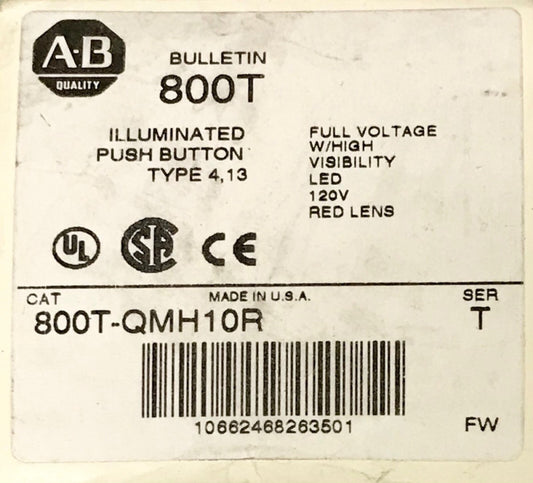 ALLEN BRADLEY 800T OMH10R 120vRed LED Illuminated Push Button Momentary Mushroom