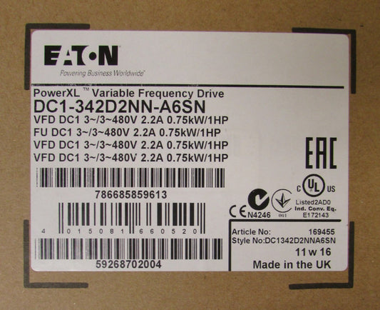 EATON DC1 342D2NN A6SN 1HP 480V Power XL DC1 Variable Frequency Drive VFD