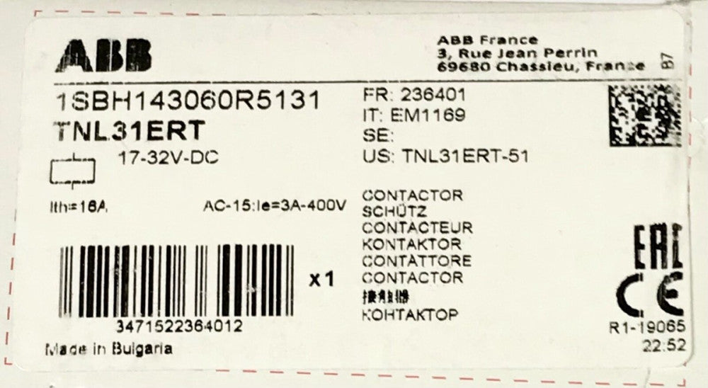 ABB TNL31ERT 51 17-32 VDC 16 AMP Contactor 1SBH143060R5131