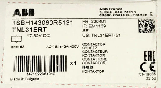 ABB TNL31ERT 51 17-32 VDC 16 AMP Contactor 1SBH143060R5131