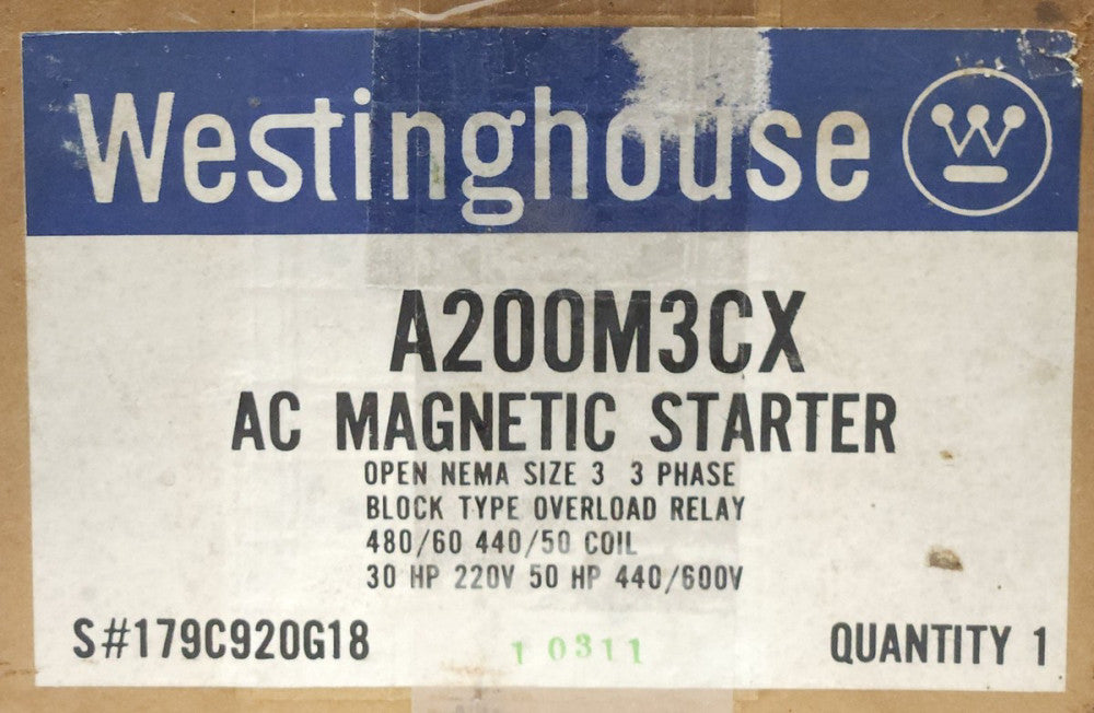 WESTINGHOUSE CUTLER HAMMER A200M3X Size 3 A200 480 VAC Starter 30-50 HP