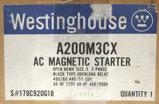 WESTINGHOUSE CUTLER HAMMER A200M3X Size 3 A200 480 VAC Starter 30-50 HP