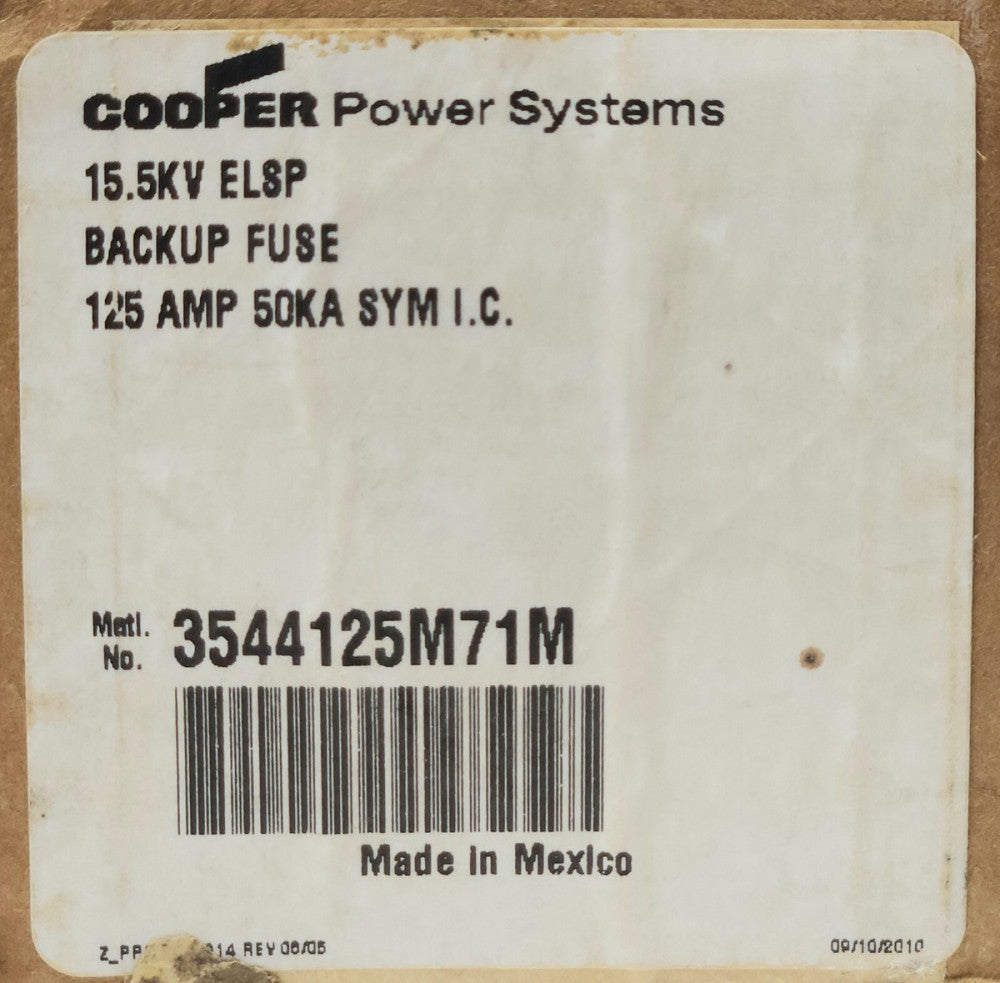 COOPER POWER 3544125M71M 15.5 KV ELSP BACKUP Fuse 125 AMP 50 KA SYM I.C.