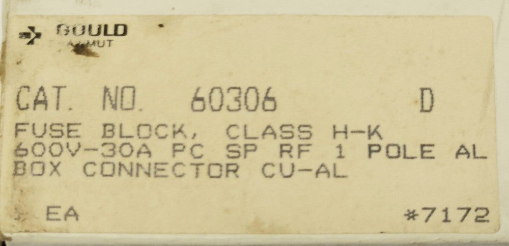 GOULD 60306 Fuse Block 30 AMP 600 VAC Single Pole CU-AL