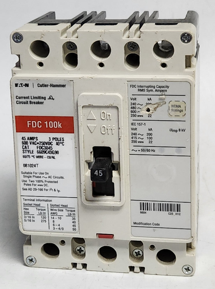 EATON CUTLER HAMMER FDC3045 3 Pole 45 AMP Type FDC Circuit Breaker