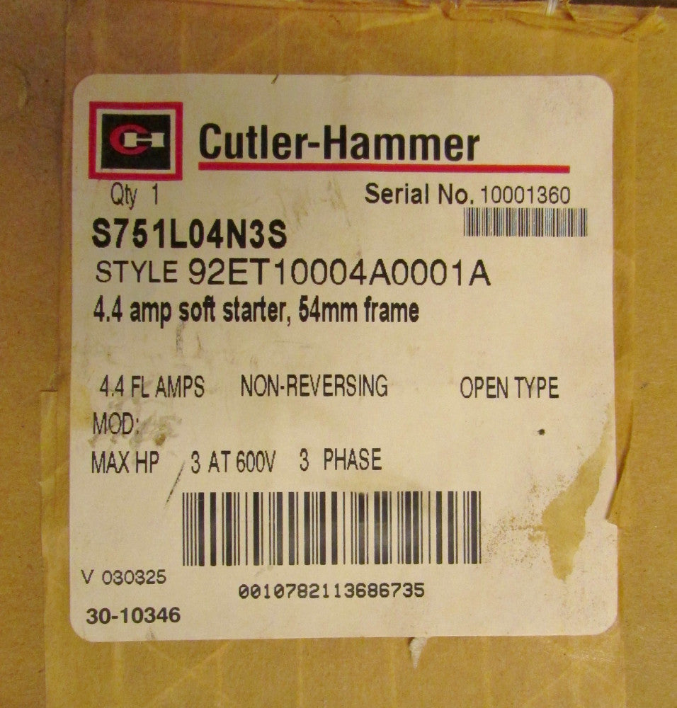 CUTLER HAMMER 54MM Soft Starter 4.4 Amp 3 HP S751L04N3S