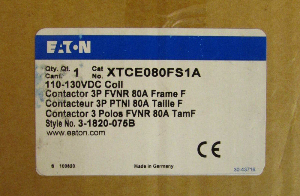 EATON CUTLER HAMMER Contactor 110/130VDC 3Pole 80 Amp XTCE080FS1A