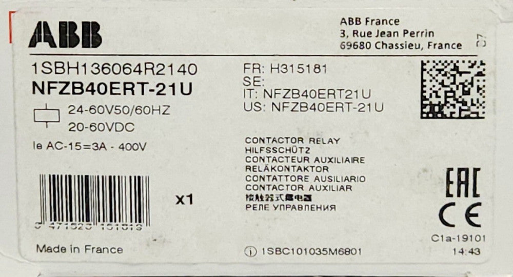 ABB NFZB40ERT 21U 24-60 VDC Contactor 1SBH136064R2140